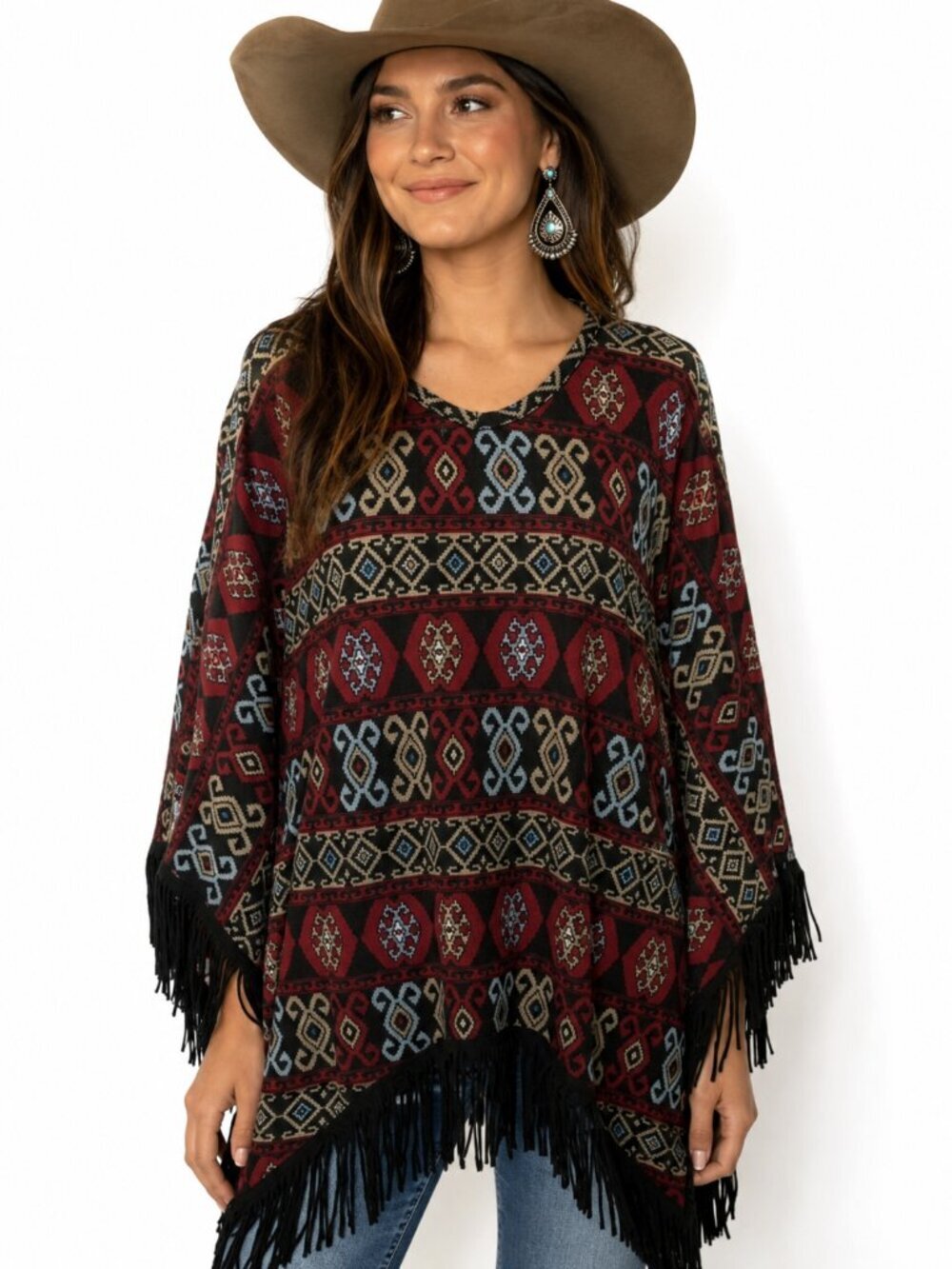 Double D Ranch Women's Aztec Fringe Western Poncho V-neck 3/4 Sleeve EUC Size S